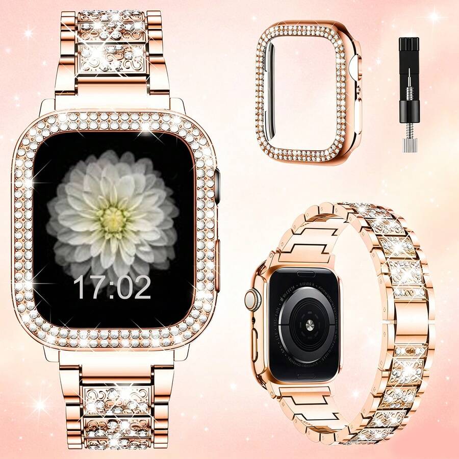 3件組，相容於Apple Watch錶帶，附螢幕保護殼，珠寶替換錶帶，尺寸49mm、46mm、45mm、44mm、42mm、41mm、40mm、38mm。適用於I-Watch Series 10/9/8/7/6/5/4/3/2/1/SE，適合手腕周長5.5-7.1英吋的女性。
