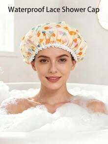 1/2/3/6 Pcs Floral Heart Print Double Layer Waterproof Hair Bonnet Elastic Adjustable Oil Resistant Soft Skin Multifunctional Cap For Skincare Makeup Cooking Hair Drying Washing Bathroom Dorm Travel Back To School Portable Adult Hair Protector - Multicolor - View 5