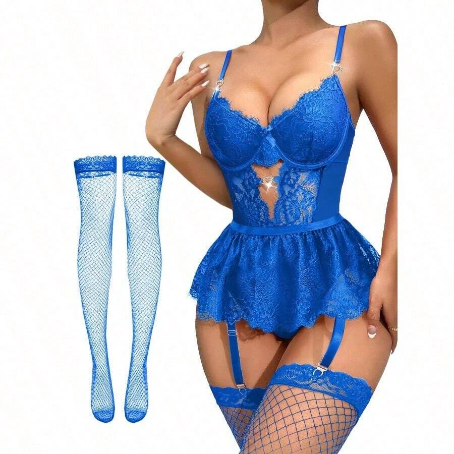 Lilosy Sexy Stocking Rhinestones Heart Garter Underwire Floral Mesh Lace Sheer Babydoll Lingerie Teddy Bodysuit Skirt Set - 寶藍色 - 查看 1