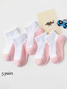 5 Pairs Children's Thin Short Socks For Spring And Summer, Breathable White And Pink Mesh Socks, Girls' Ankle Socks, Contrast Color Design, Suitable For School And Daily Casual Sports - Multicolor - View 11