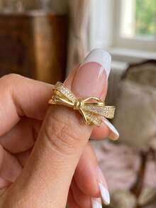 1 pieza Anillo ajustable de cobre con lazo de satén dorado elegante y circonita incrustada - Dorado - Ver 1