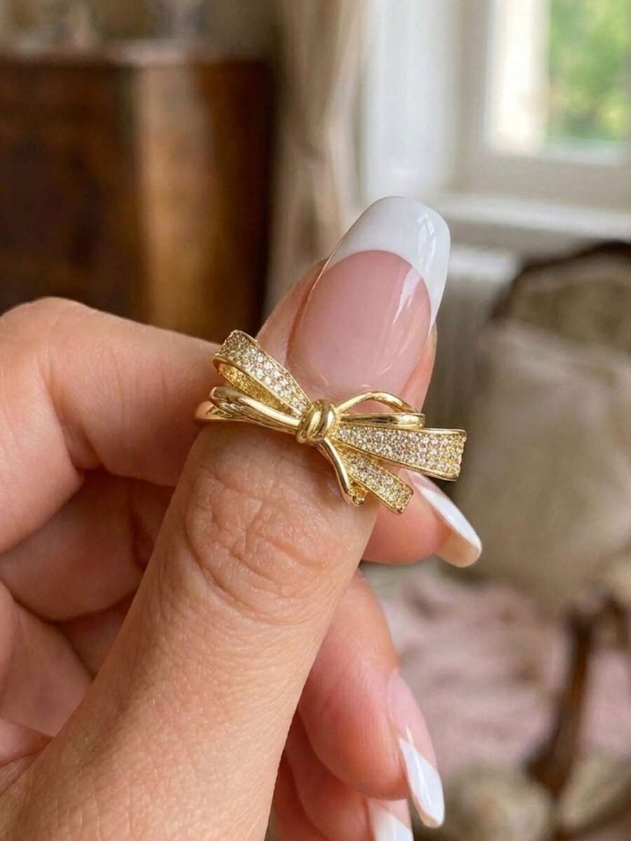 1 pieza Anillo ajustable de cobre con lazo de satén dorado elegante y circonita incrustada - Dorado - Ver 1