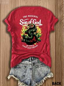 Women's Red Graphic Cotton T-Shirt, Short Sleeve Crew Neck Casual Top With 'Son Of God' Print For Summer Festival Outfits - 紅色1 - 查看 4