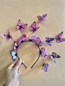1 pieza Diadema de flores artificiales con mariposas estilo Mori para mujer, accesorio para el cabello de boda, aro para la cabeza, adecuado para festivales y fiestas - Multicolor - Ver 8