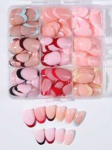 216Pcs/Set(9mixed) Y2K Short Square Colorful French Tips Press On Short Nails With Yellow & Blue & Red & Black & Brown & Pink &Nude Color French Design,Full Fit Acrylic Fake Nails, Contain 1pc Jelly Glue And 1pc Nail File,For Girls Daily Life Use - Multicolor - View 2