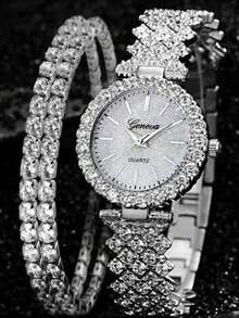 2pcs/Set Women's Silver Tone Watch Set, Rhinestone Dial - Luxury 2 Pieces Gift Box (Watch & Bracelet) - Silver - View 6