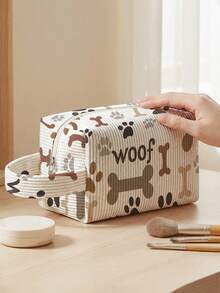 1pc Dog Paw Prints Print Corduroy Pouch With Handle ,Makeup & Toiletry Bag, Zipper Closure. Foldable, Durable, Multi-Use For Travel, Daily & Students - Multicolor - View 9