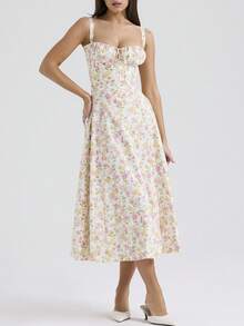 Sexy Women Midi Dress, Corset Bustier Spaghetti Strap Summer Dress With Slit, Floral/Plain Sundress For Vacation Beach Outfit, Party, & Casual Wear - 杏色 - 查看 1