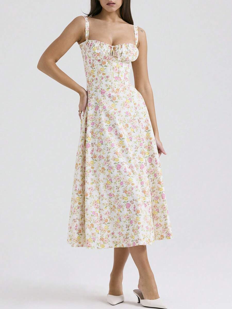 Sexy Women Midi Dress, Corset Bustier Spaghetti Strap Summer Dress With Slit, Floral/Plain Sundress For Vacation Beach Outfit, Party, & Casual Wear - 杏色 - 查看 1