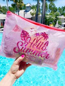 大容量防水收納袋，印有閃亮「Hello Summer」圖案化妝包，海灘主題，大容量透明化妝包，輕巧，春/夏季收納，耐用，非常適合游泳、海灘、潛水和夏季度假，學生返校，輕巧防曬收納袋，適合朋友、家人、女朋友和同學。完美的生日、節日、派對、婚禮（伴娘）、母親節、教師節禮物和紀念品 - 彩色 - 查看 4