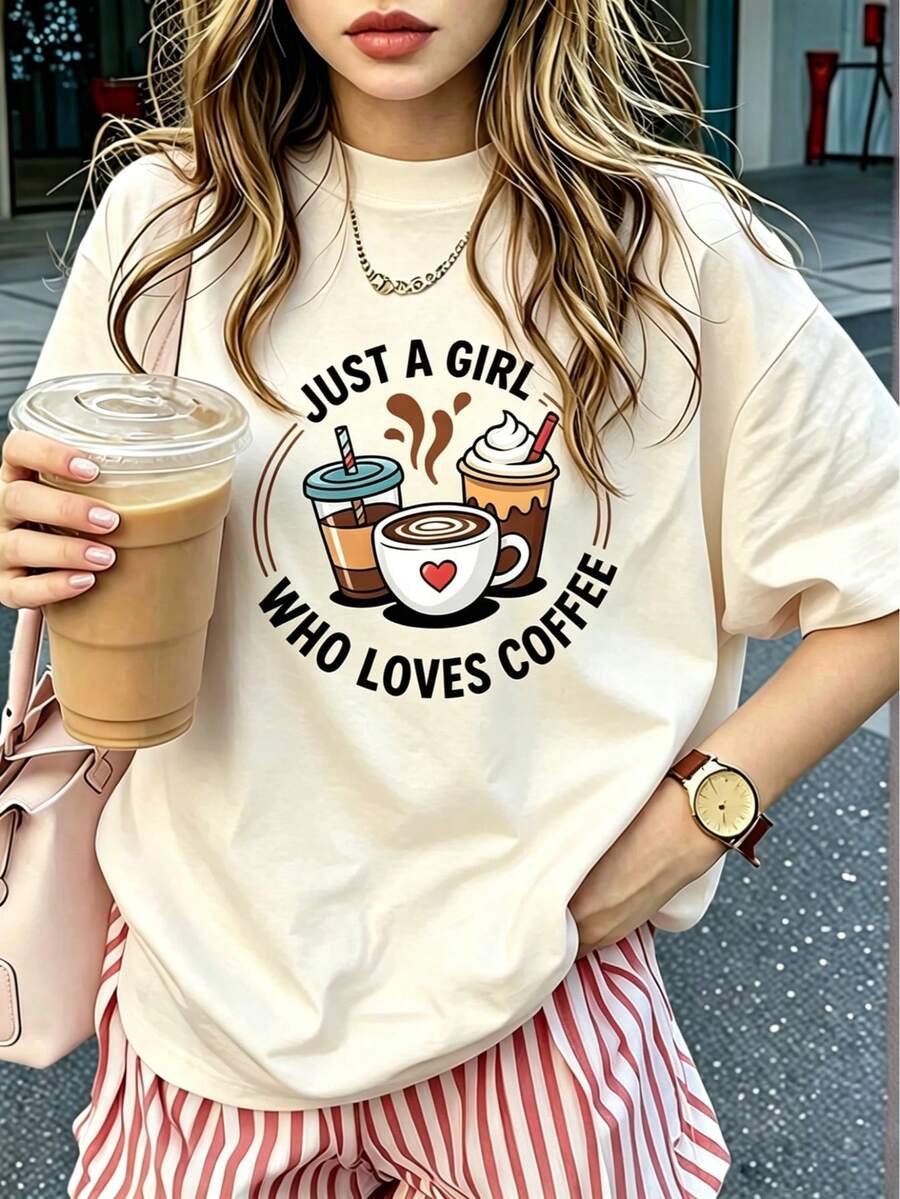 「Just A Coffee Loving Girl」圖案 T 恤，可愛咖啡愛好者圖案 T 恤，休閒美學短袖，俏皮美食風格上衣，適合夏季