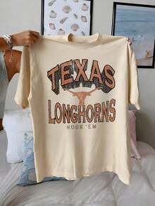 Texas Longhorn Graphic Tee Gameday Letter Print Green Cotton Loose Fit Short Sleeve Vintage Retro Streetwear Casual Apparel Women Men Unisex Tops - 杏色 - 查看 1