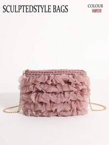Sac seau en organza tissé à la main de style doux avec plis d'ourlet de robe de fée, sac bandoulière croisé avec chaîne à franges, convient pour les vacances et le shopping - Parme - Voir 9