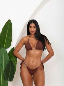 Triangle Bikini With Double Polyamide String Tie-Up Panties - Rust Brown - View 5