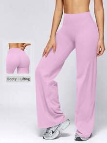 NcmRyu Women's 1pc Design Solid Color High Waist Tummy Control Straight Leg Sports Pants - Pink - View 1