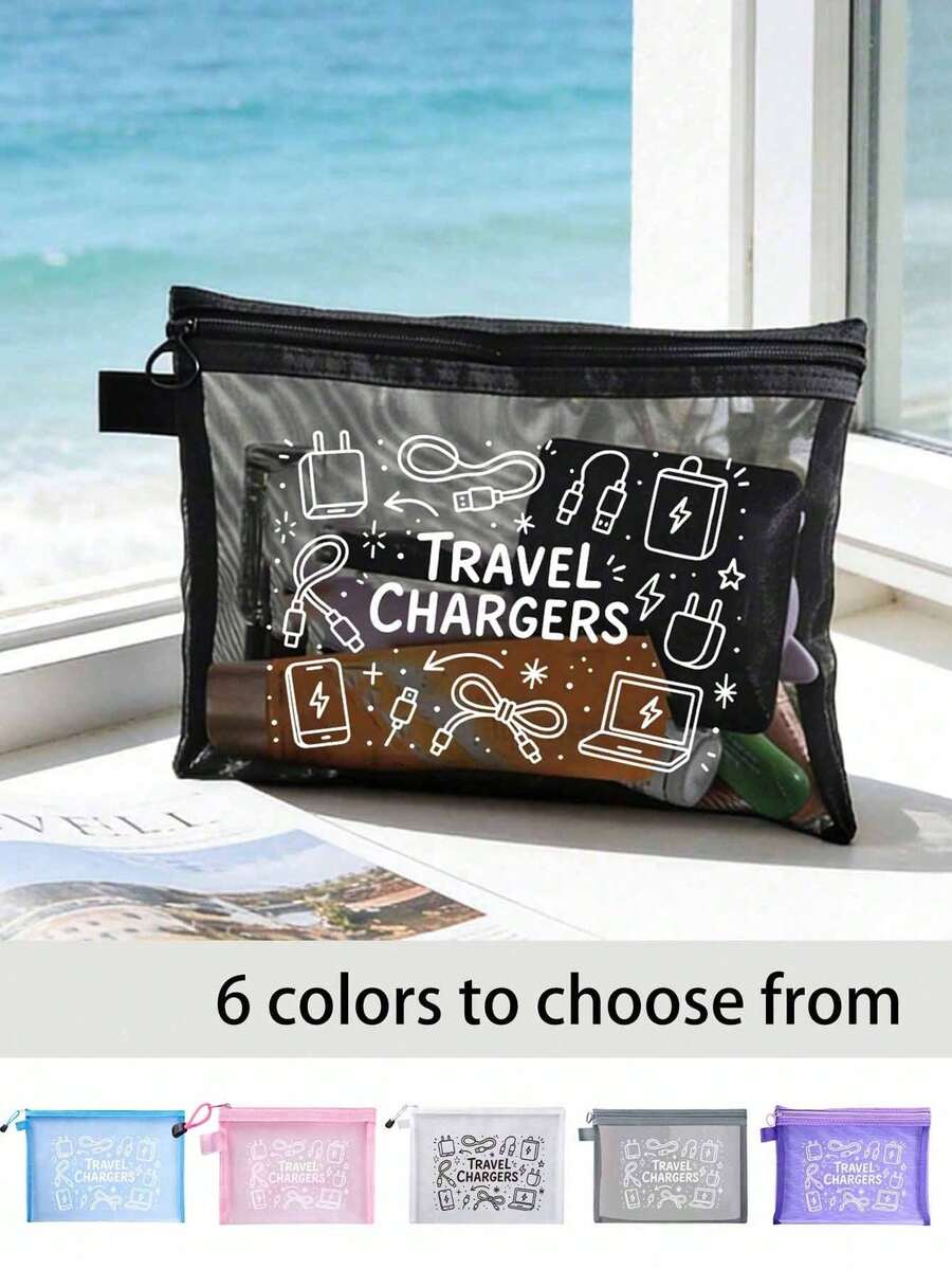 網格化妝包印有「Travel Charger」字母圖案，旅行網格盥洗包，夏季度假必備。便攜式化妝品收納包，多功能收納包，電子設備收納，數據線收納，適用於度假、辦公室、購物、酒店、返校禮物、生日禮物、旅行配件、教師節禮物、婚禮配件