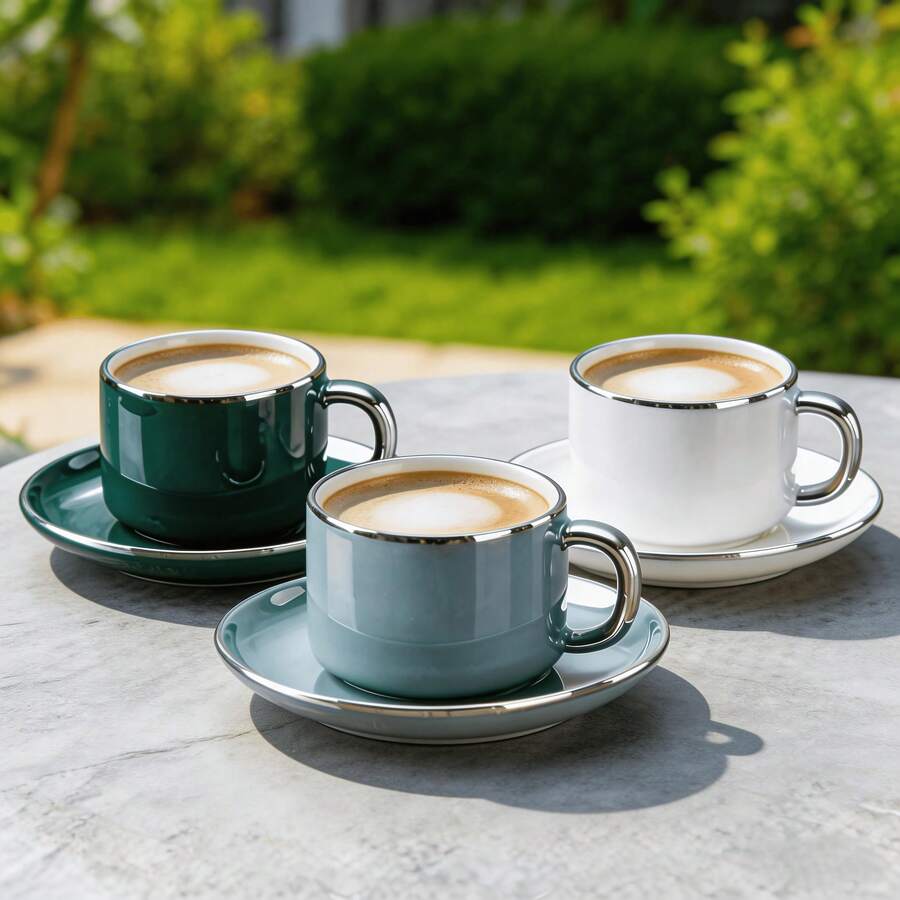 1 Set 250ml Ceramic Coffee Cup And Saucer Set, Elegant Silver Rim Design, Suitable For Coffee, Milk, Juice, Ideal For Home, Restaurant, Cafe Use, Father's Day, Mother's Day, Easter Gift Choice, Tea, Party, Thanksgiving