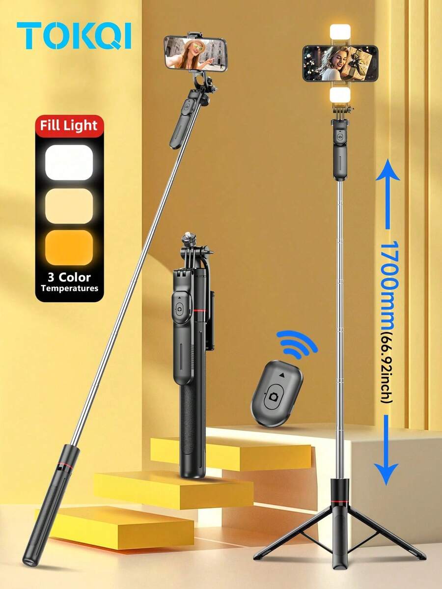 TOKQI 67"/170cm Alloy Bluetooth Selfie Stick Tripod With Stable Handle - 360° Rotatable Phone Holder, Wireless Remote And Detachable Stand, Compatible With /Camera/Smartphone - 3-In-1 Foldable (Handheld/Desktop/Tripod), Suitable For Vlog, Travel And Stabilized Video, Compatible With IOS And Android Phones, Ideal For Summer Vacation, Travel, Fill Light, Outdoor Activities And Live Streaming.