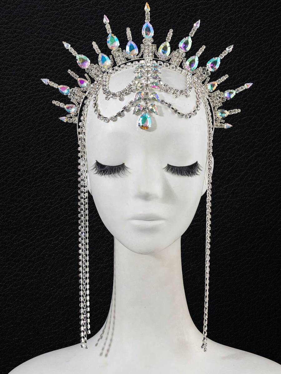 誇張水鑽皇冠髮箍 嘉年華幾何流蘇頭飾 派對飾品 - 彩色 - 查看 1