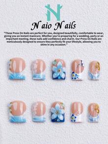 NAIO 10片/組手工壓接式假指甲，3種尺寸：棺材型/杏仁型/短方形指尖，Y2K壞女孩風格，裸色/藍色/白色法式水滴設計，3D花朵&金屬裝飾，奶油質感，適合女性&女孩，派對&日常穿戴，含工具組，禮物&美甲用品 - 彩色 - 查看 19