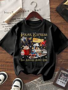 Unisex Casual Short Sleeve Graphic Tee Summer Polar Express Print Round Neck Oversized T-Shirt - Black - View 1