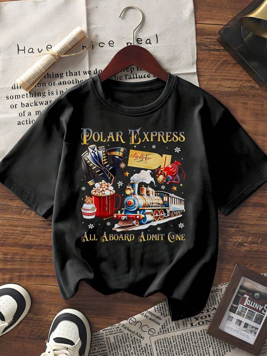 Unisex Casual Short Sleeve Graphic Tee Summer Polar Express Print Round Neck Oversized T-Shirt - Black - View 1