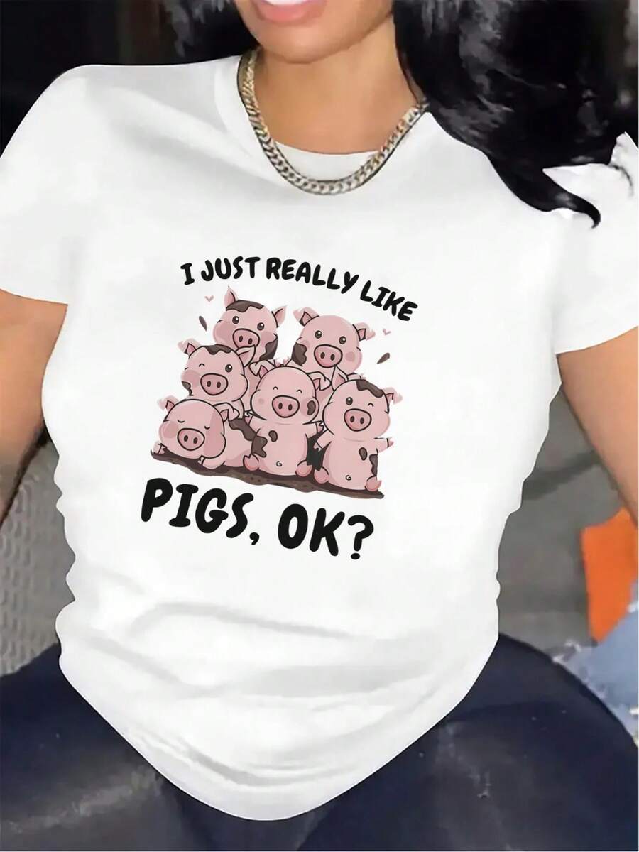 Camiseta de poliéster con diseño de cerdito, perfecta para uso casual en restaurantes o salas de estar, tela ligera y duradera, ajuste cómodo para uso diario - Blanco - Ver 1
