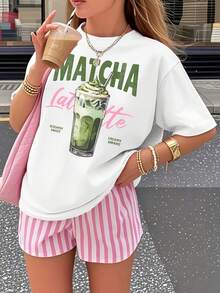 1pcs Women's T-Shirt, Matcha Lovers' Casual Fashion Loose Round-Neck Short-Sleeve Pink T-Shirt For Women, Short-Sleeve Round-Neck Casual Top Women's C - 白色 - 查看 1