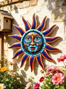 1 Piece Colorful Creative Sun Face Metal Wall Art Decor, 32cm Large 2.5D Outdoor Garden Artwork With Hooks On The Back, Reusable, Suitable For Outdoor Wall Decor, Garden Decor, Yard Decor, Porch Decor, Party Decor, Fence Decor - C - View 3