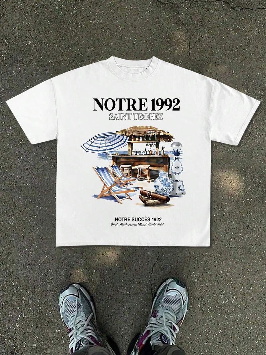1pac 180g 100% Cotton Summer Collection Of Graphic T-Shirts For Men: New Men's T-Shirt With A Simple White Background, Decorated With Watercolor Beach - White - View 1