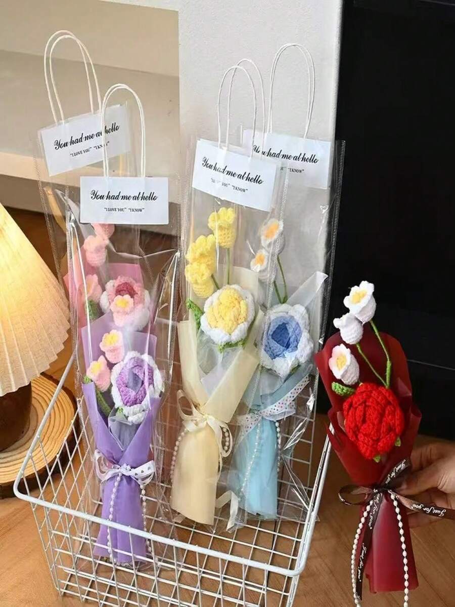 Buquê de Rosas em Degradê e Buquê de Lírio do Vale. Estes são buquês de flores feitos puramente à mão em fio, presentes de flores artificiais duráveis com embalagem, adequados para a temporada de formatura, aniversários e decoração de casa. - Multicolorido - Visão 1