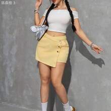 yonghongmaoyi1  ICON Falda-pantalón casual de mezclilla con bolsillo y bajo asimétrico de mujer - Amarillo - Ver 7