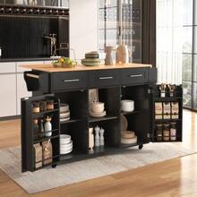 Dining Room Sideboard/Buffet 139 X 46 (71) X 91.5 Cm, Black Frame, Solid Wood Top With Wood Effect Finish, Drop-Leaf Top, Storage Door, Casters, Replaceable Solid Wood Legs, Ideal For The Dining Room And Kitchen. - Black - View 4