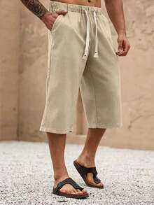 Celana Linen Pria 3/4, Lembut dan Nyaman, Cocok untuk Liburan Pantai, Jalan-jalan Santai, Hadiah yang Bagus untuk Pria - Khaki - View 6