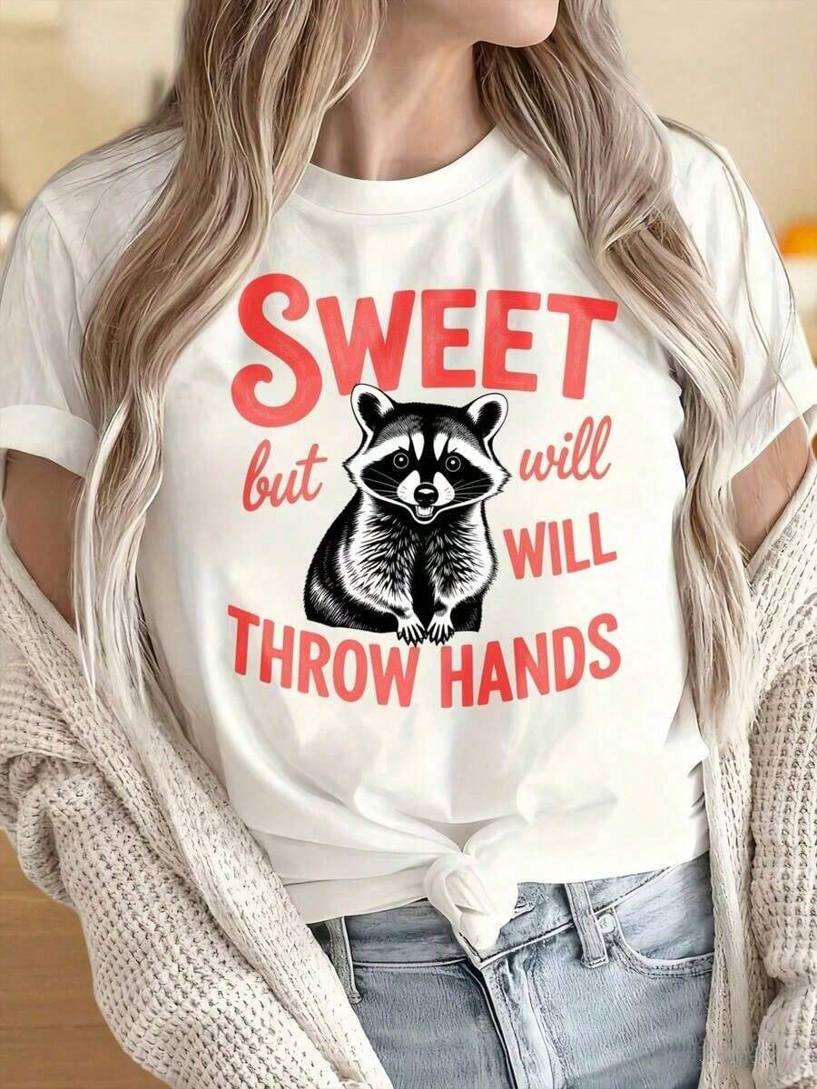 Women's And Men's Round Neck Short Sleeve T-Shirts, Adorable Raccoon Graphic Print T-Shirt, Fashionable Casual Top For Women, Cute Animal Print T-Shirt - 白色 - 查看 1