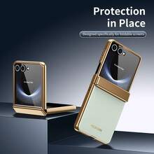 VIETAO 電鍍材質人造皮革全包覆保護手機殼，適用於 Galaxy Z Flip 8 7 6 5 Flip6 Flip5，附鋼化玻璃螢幕保護膜手機殼 - 青色 - 查看 7