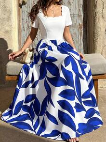 Dirp Noir Women's Early Autumn White & Klein Blue Large Leaf Plant Contrast Print Patchwork Wavy Square Neck Short Sleeve Ruched Mid-Length Drape Satin Dress, Suitable For Independence Day City Street Parade, European Town Street Photography, Light Business Afternoon Tea, Beach Casual Date, Spring/Summer Short Trip, Mexican Style - Blue and White - View 3