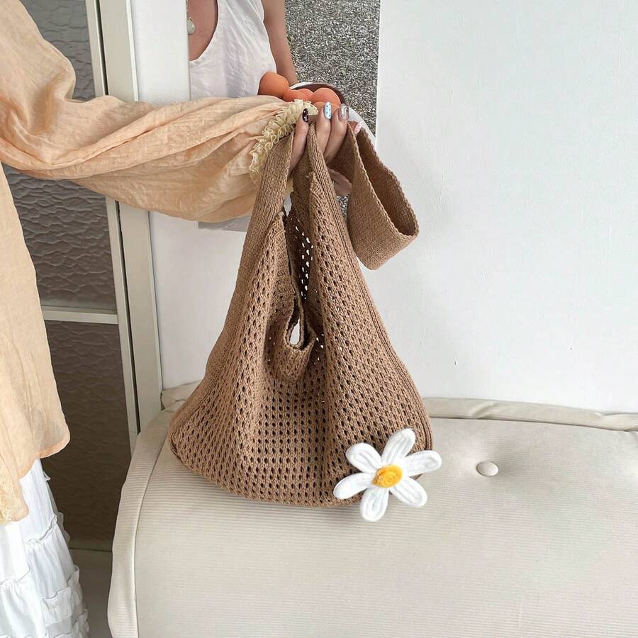 Casual Versatile Crochet Knit Large Capacity Shoulder Bag - Khaki - View 1