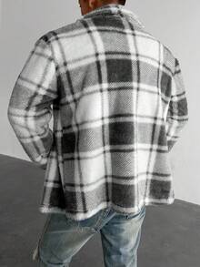 WAIT HIM Men's Casual Plaid Striped Flannel Warm Shacket - Black and White - View 4