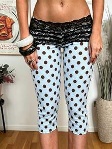 Womens Lace Trim Plain 3/4 Leggings Gym Stretch Capri Cropped Jogging Pants - 天藍 - 查看 2