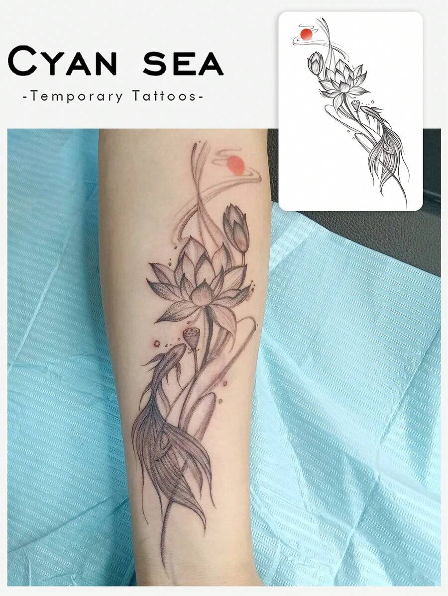 1pc Traditional Chinese Style Sketch-Style Lotus, Koi Fish, Red Sun Combination Pattern Tattoo Sticker, Temporary Tattoo Sticker, Realistic Tattoo Design, Suitable For Travel, Music Festivals, Games, Graduation Gifts, For 3-5 Days - Multicolor - View 1