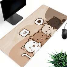 1pc Adorable Cat Group Extended Desk Mat - Neutral Brown Aesthetic, Anti-Slip & Stitched Edge, Keyboard Pad - View 3