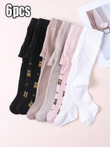6 Pairs Girls' Simple Cute Solid Color And Bear Pattern Combination Tights, Tight Leggings Suitable For Spring, Autumn And Transitional Seasons, Daily Basic Style, Suitable For 0-3 Years Old Babies - Multicolor - View 1