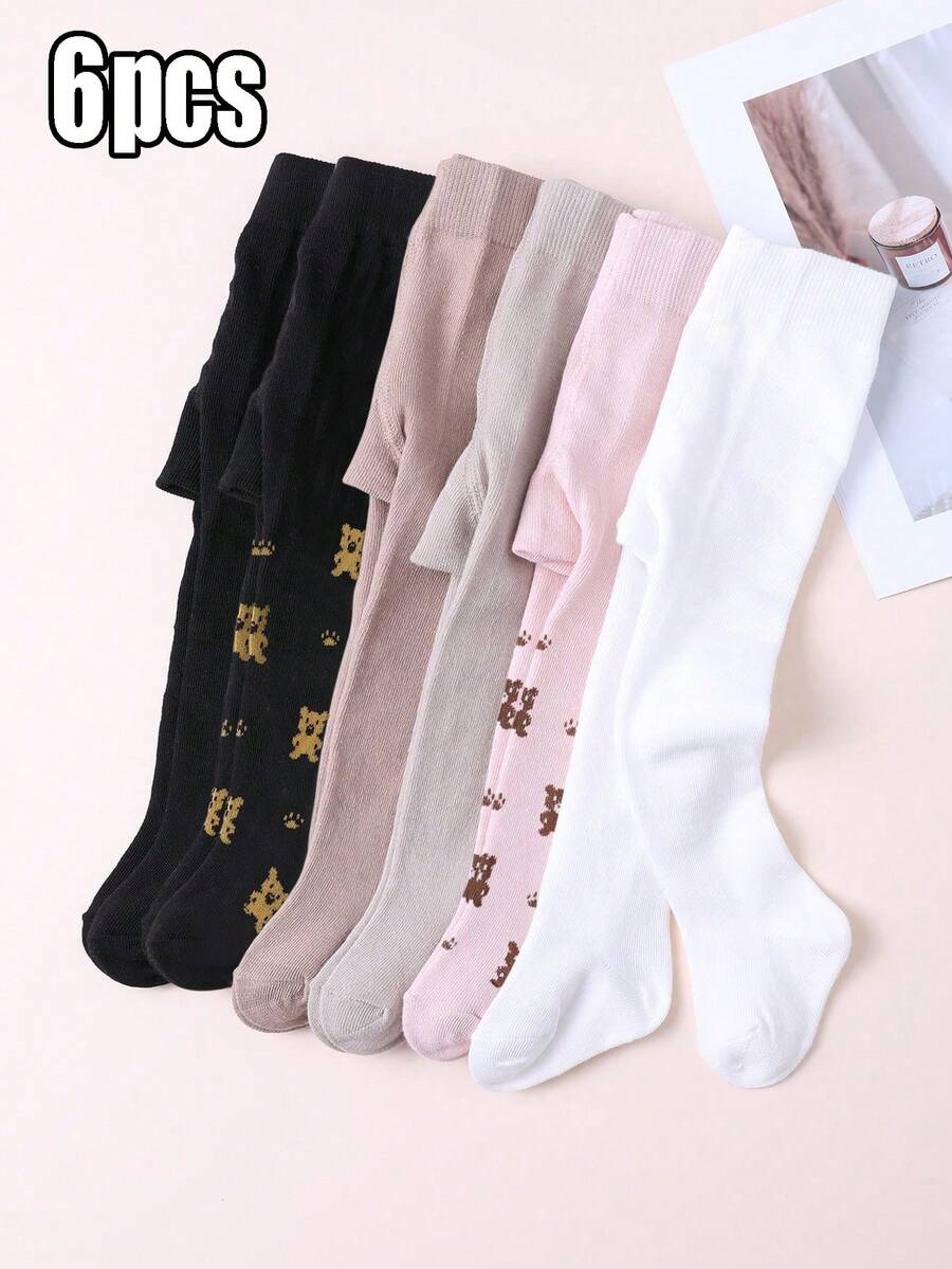 6 Pairs Girls' Simple Cute Solid Color And Bear Pattern Combination Tights, Tight Leggings Suitable For Spring, Autumn And Transitional Seasons, Daily Basic Style, Suitable For 0-3 Years Old Babies - Multicolor - View 1