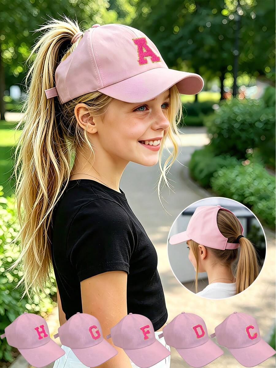 1pc Girls Ponytail Baseball Cap, Multifunctional Sun Protection Hat, Breathable And Non-Stuffy, Essential For Daily Outings And Sports, Suitable For 8-16 Years Old - Pink - View 1