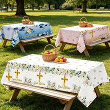 1pc Elegant Disposable Tablecloth With Floral And Cross Patterns - Plastic Party Tablecloth, Suitable For Baptism, First Communion, Confirmation, Birthday And Other Occasions - Patriotic Theme, Tableware - White - View 2