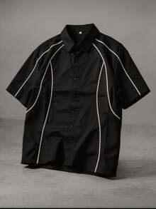 Men's Line Patchwork Contrast Color Short Sleeve Shirt, Casual Streetwear Versatile Men's Shirt - Black - View 8
