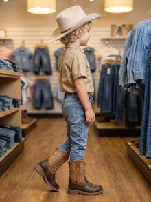 Cowboy Boots, Two-Tone Brown Mid Calf Western Riding Boots With Decorative White Embroidery, Casual Non-Slip Boots For Toddler Little Kids - Camel - View 2