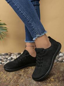 Women's Plus Size Wide Toe Box Athletic Shoes, Diagonal Breathable Mesh Front, Lace-Up, Solid Color, Versatile Daily Casual Wide Toe Box Sneakers - Black - View 4