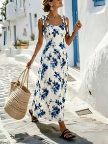 Women's Retro Blue & White Porcelain Print Long Dress, Spaghetti Strap Sleeveless Design, Waist Pleated Summer Elegant - Blue - View 1